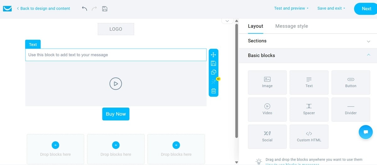 Visual email builder showing responsive email design with drag-and-drop text, image, and button elements for mobile and desktop